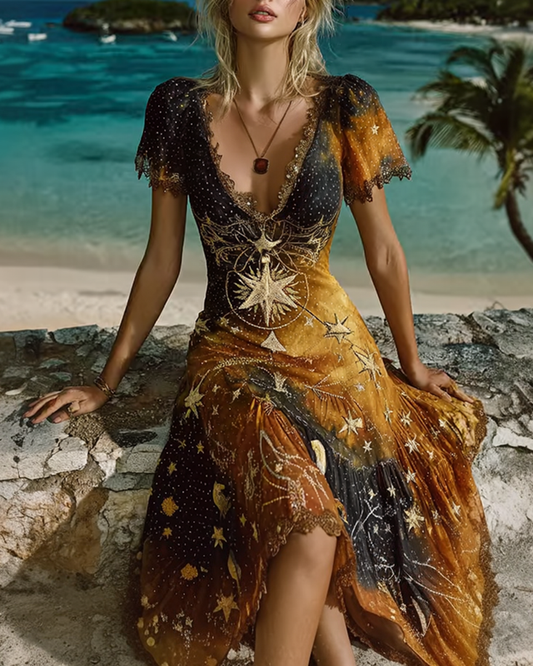 Summer Gradient Star And Moon Embroidery Lace Patchwork Dress 19e4