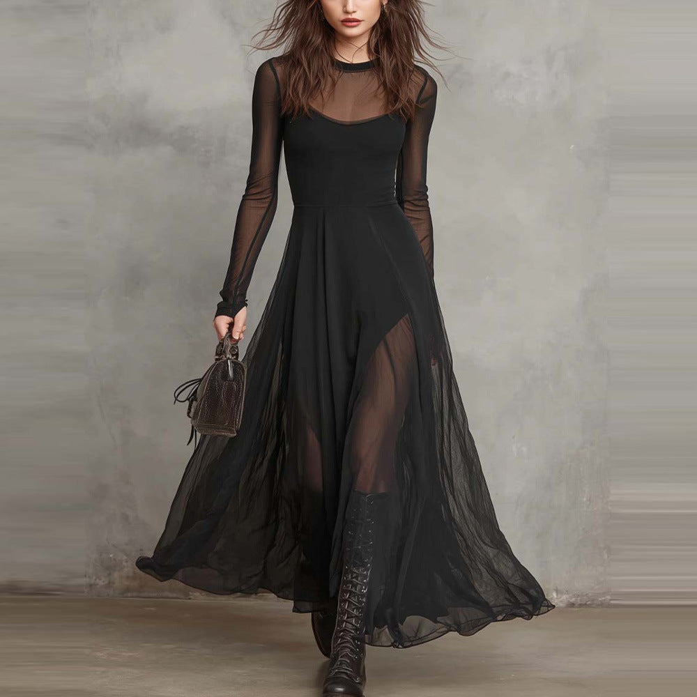 Black Tulle Patchwork Loose-fitting Maxi Dress