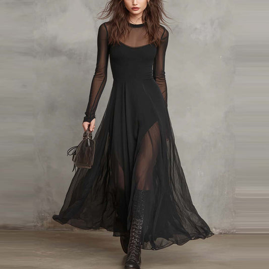 Black Tulle Patchwork Loose-fitting Maxi Dress