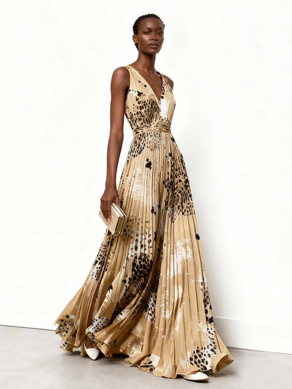Apricot Pleated Floral Chiffon V Neck Sleeveless A-Line Maxi Dress