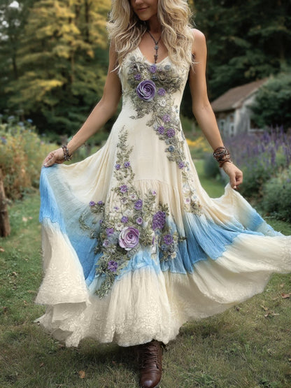 Classy Gradient Purple Lavender And Floral Embroidered Linen Maxi Dress 06e3