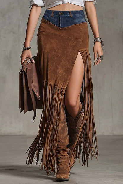 High Rise Denim Splice Faux Suede Slit Fringe Maxi Skirt