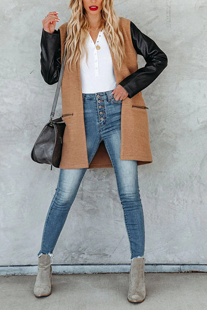 Fashion Woolen Stitching Solid Color Pocket