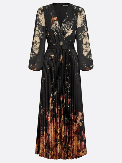 Black Floral Chiffon V Neck Long Sleeve Balloon Sleeve A-Line Maxi Dress