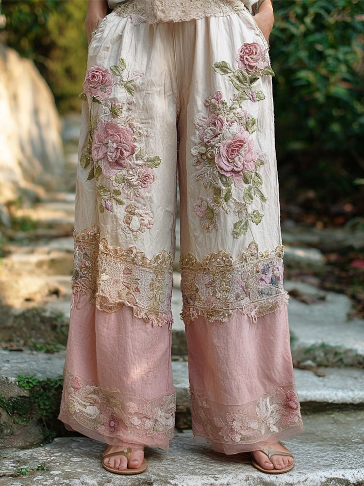 Boho Vintage Floral Lace Patchwork Art Women's Linen Trousers