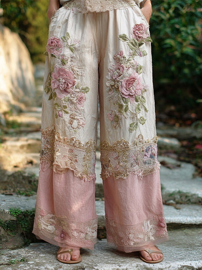 Boho Vintage Floral Lace Patchwork Art Women's Linen Trousers