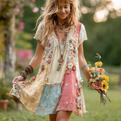 Women's Retro Floral Splicing Cotton And Linen Short Dress 6833