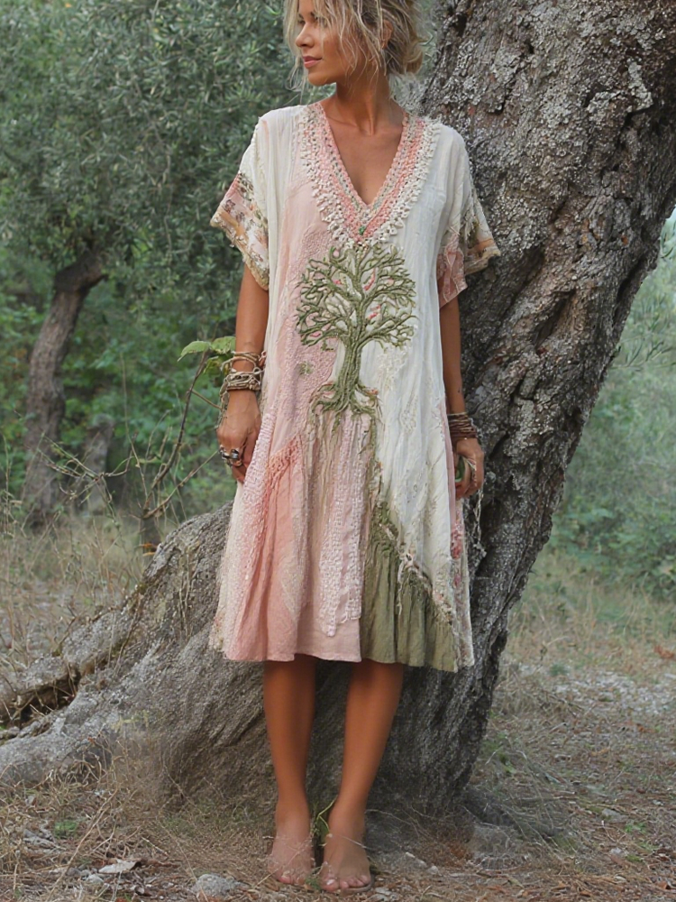 Women's Retro Tree Of Life Pattern Short Sleeve Midi Dress