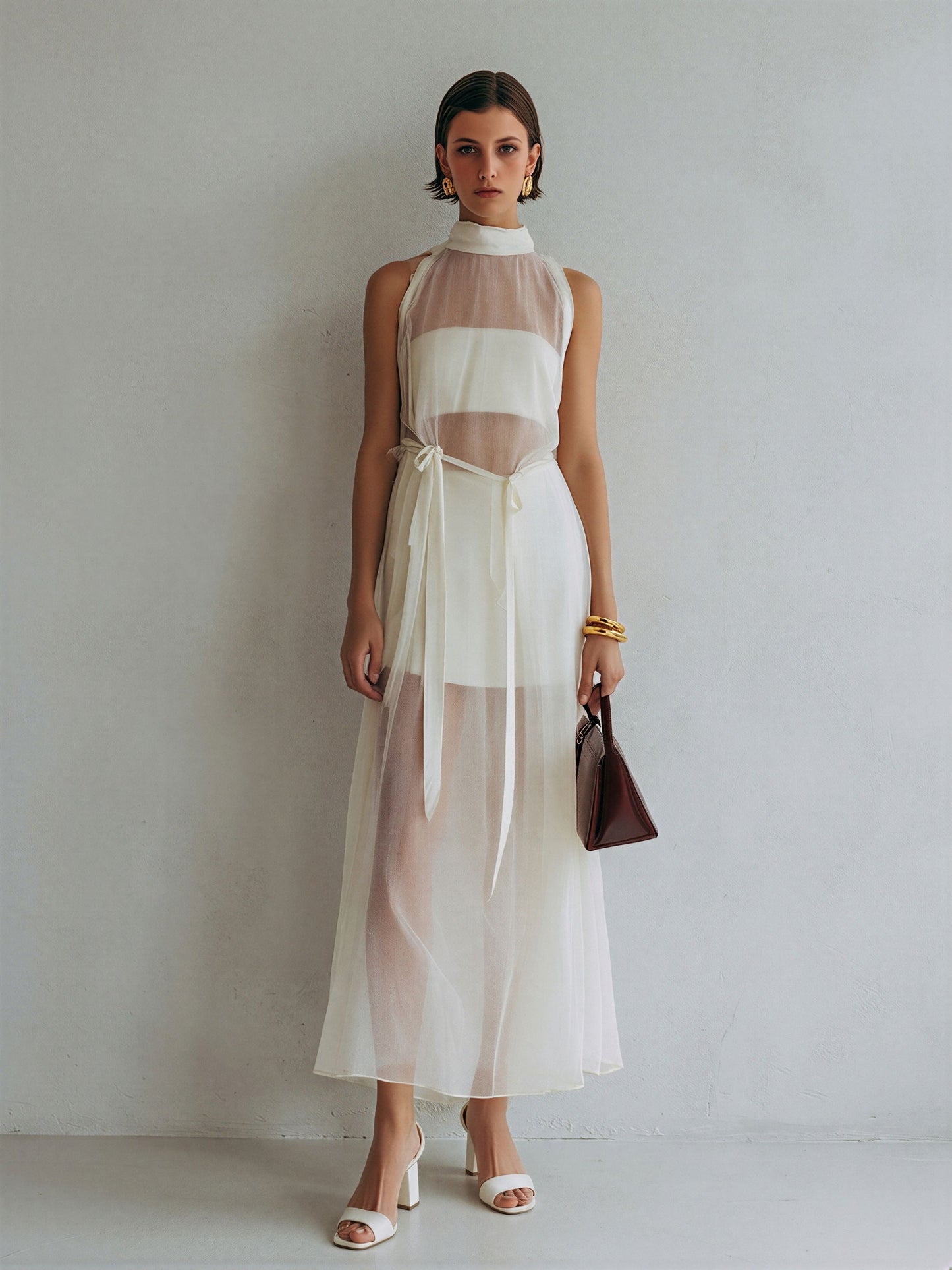 Women’s Ivory Sheer Mesh Halter Neck Maxi Dress With Inner Lining & Waist Tie MDZ2573D7T