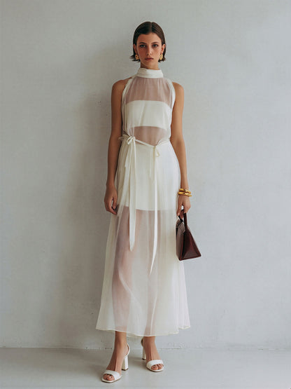 Women’s Ivory Sheer Mesh Halter Neck Maxi Dress With Inner Lining & Waist Tie MDZ2573D7T