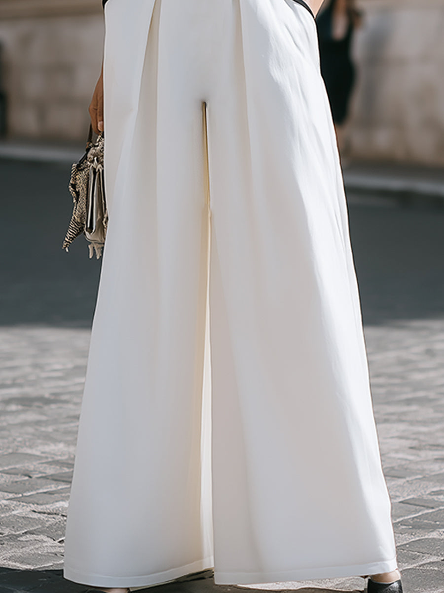 Contrast Panel Deep V Sleeveless Wide-Leg Jumpsuit