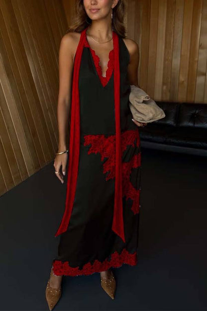 Black and Red Color-Blocked Halter Neck Top + Lace-Trimmed High-Waisted Skirt Set