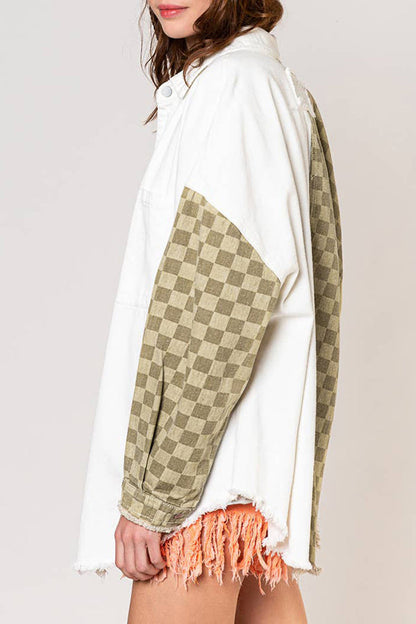 Check Panel Fringe Denim Jacket