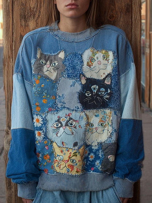 Cute Cats Boho Floral Embroidered Patchwork Washed Sweatshirt