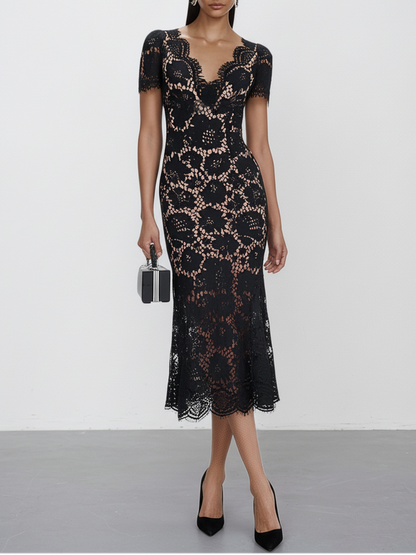 Black Lace Edge Cotton V Neck Short Sleeve Mermaid Midi Dress