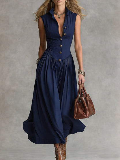 Women's Solid Color Collared Sleeveless Casual Loose Cotton Linen Dress