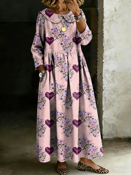 Women's Retro Multicolor Love Art Splicing Long-sleeved Loose-fitting Casual Denim Dress