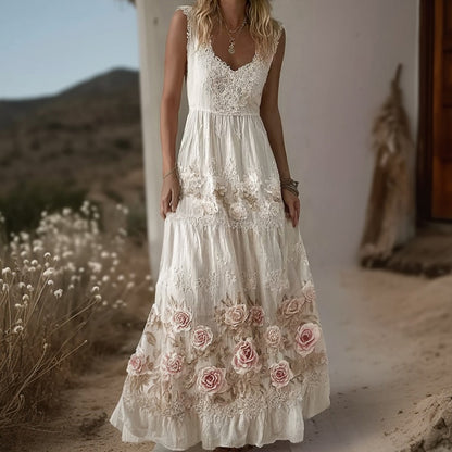 Vintage Boho Pink Roses Embroidered Flowy Lace Linen Maxi Dress