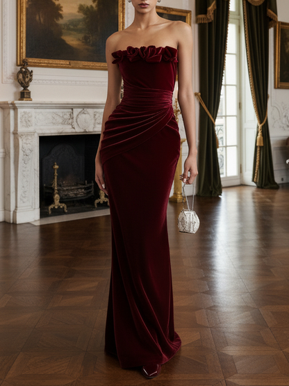 Wine Red 3D Floral Velvet Strapless Sleeveless Sheath Gown Dress