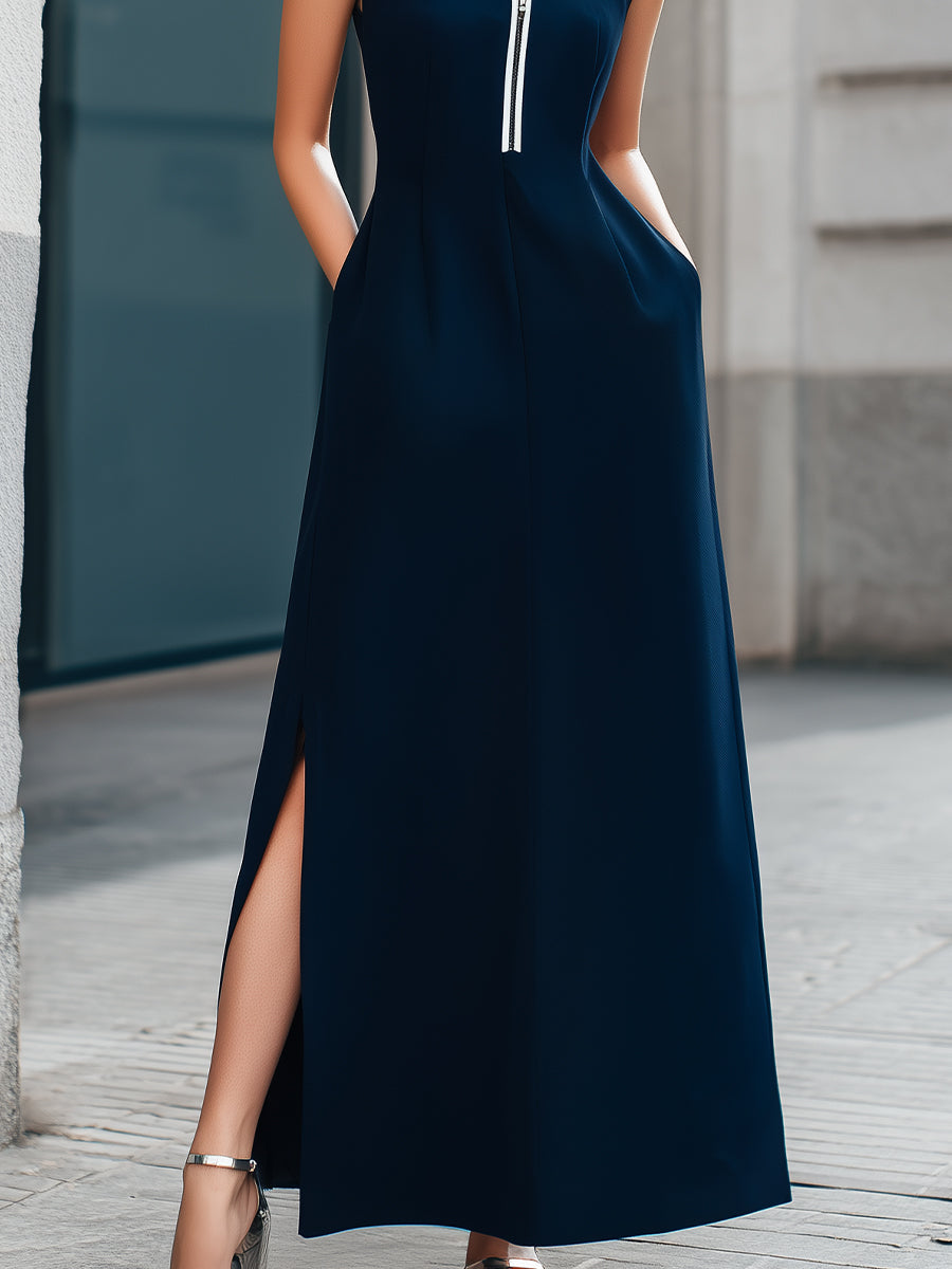 Zip-Front Stand Collar Sleeveless A-Line Maxi Dress