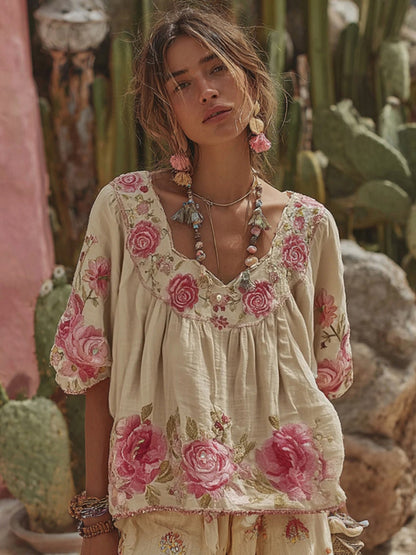 Women's Vintage Floral Art Embroidery Linen T-shirt c29a