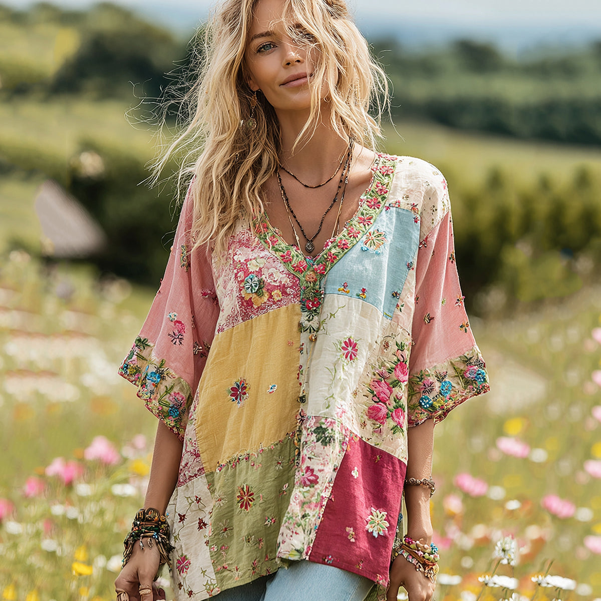 Women's Vintage Floral Print V-neck T-shirt d33c