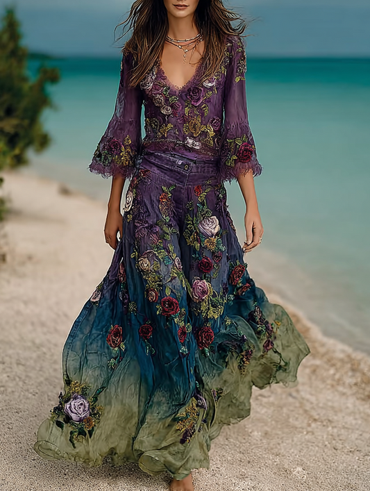 Seaside lace embroidered retro top + pants set 3d9c