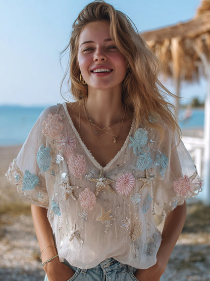 Vintage Bohemian Marine Creature Comfort Linen V-neck Short-sleeved Top