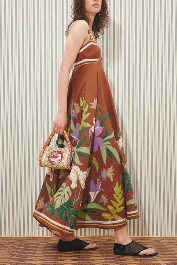 Caramel Tropical Floral Print Twist Wide Strap Flowy Maxi Dress