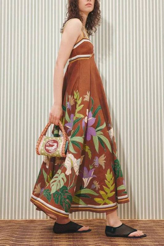 Caramel Tropical Floral Print Twist Wide Strap Flowy Maxi Dress