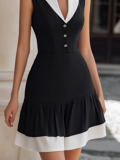 Contrast Lapel Button-Front Dress With Ruffled Hem