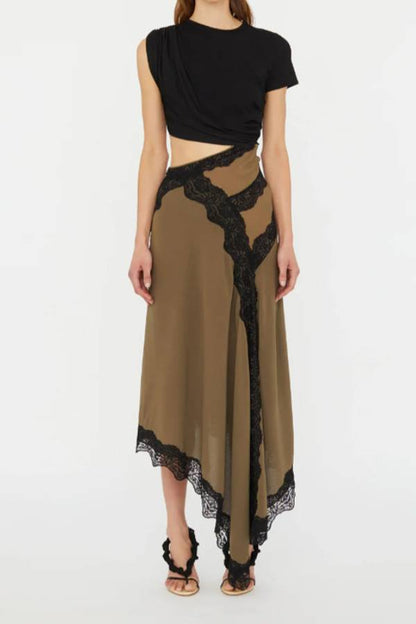 Lace-trimmed Irregular Maxi Dress