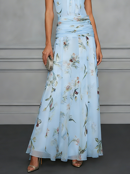 Light Blue Ruched Floral Chiffon Halter Neck Sleeveless A-Line Floor-length Gown Dress