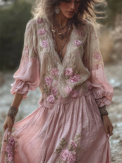 Boho Glitter Pink Roses Lace Gradient Flowy Linen Maxi Dress