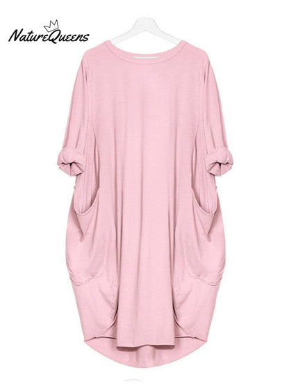 Women's Solid Color Loose Elegant Casual Long-sleeved Pocket Dress