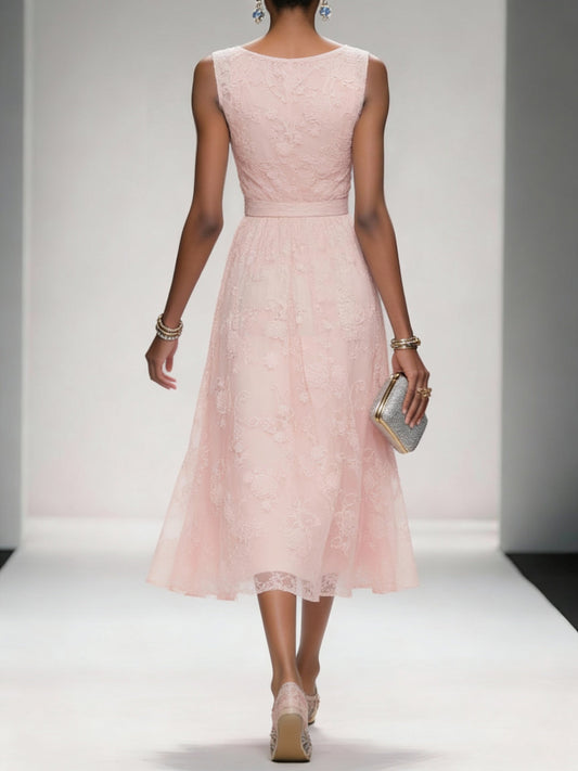 Light Pink Bow Embroidery Classic V Neck Sleeveless A-Line Midi Dress With Pockets