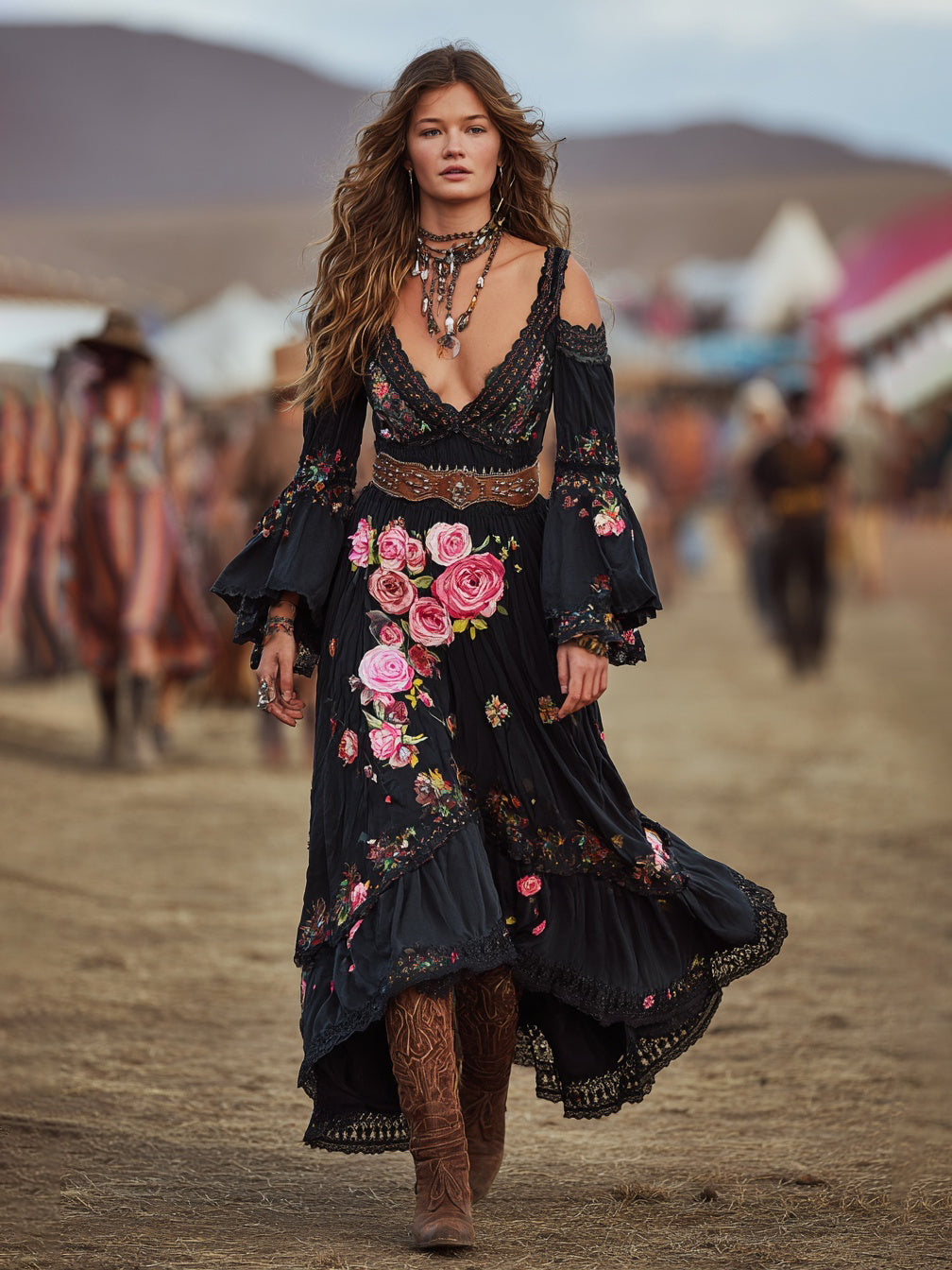 Black Floral Embroidered Bohemian Maxi Dress With Off-Shoulder Bell Sleeves And Layered Skirt For Women