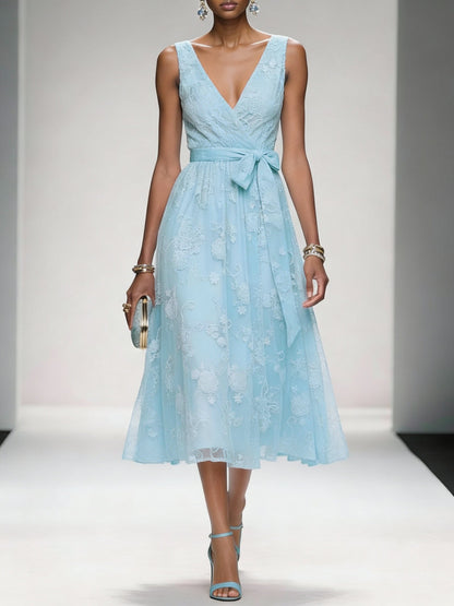 Light Blue Bow Embroidery Classic V Neck Sleeveless A-Line Midi Dress With Pockets