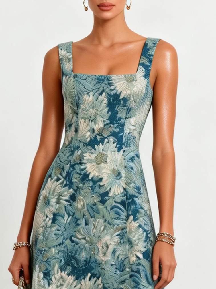 Blue Jacquard Classic Square Neck Sleeveless A-Line Midi Dress