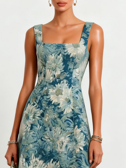 Blue Jacquard Classic Square Neck Sleeveless A-Line Midi Dress