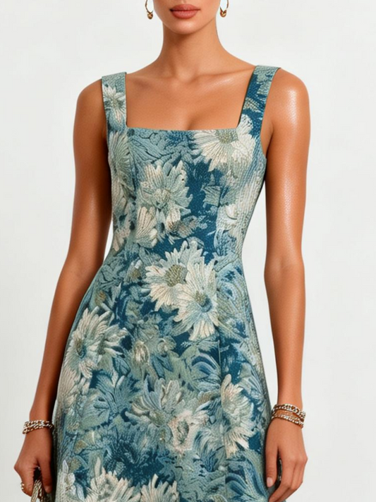 Blue Jacquard Classic Square Neck Sleeveless A-Line Midi Dress