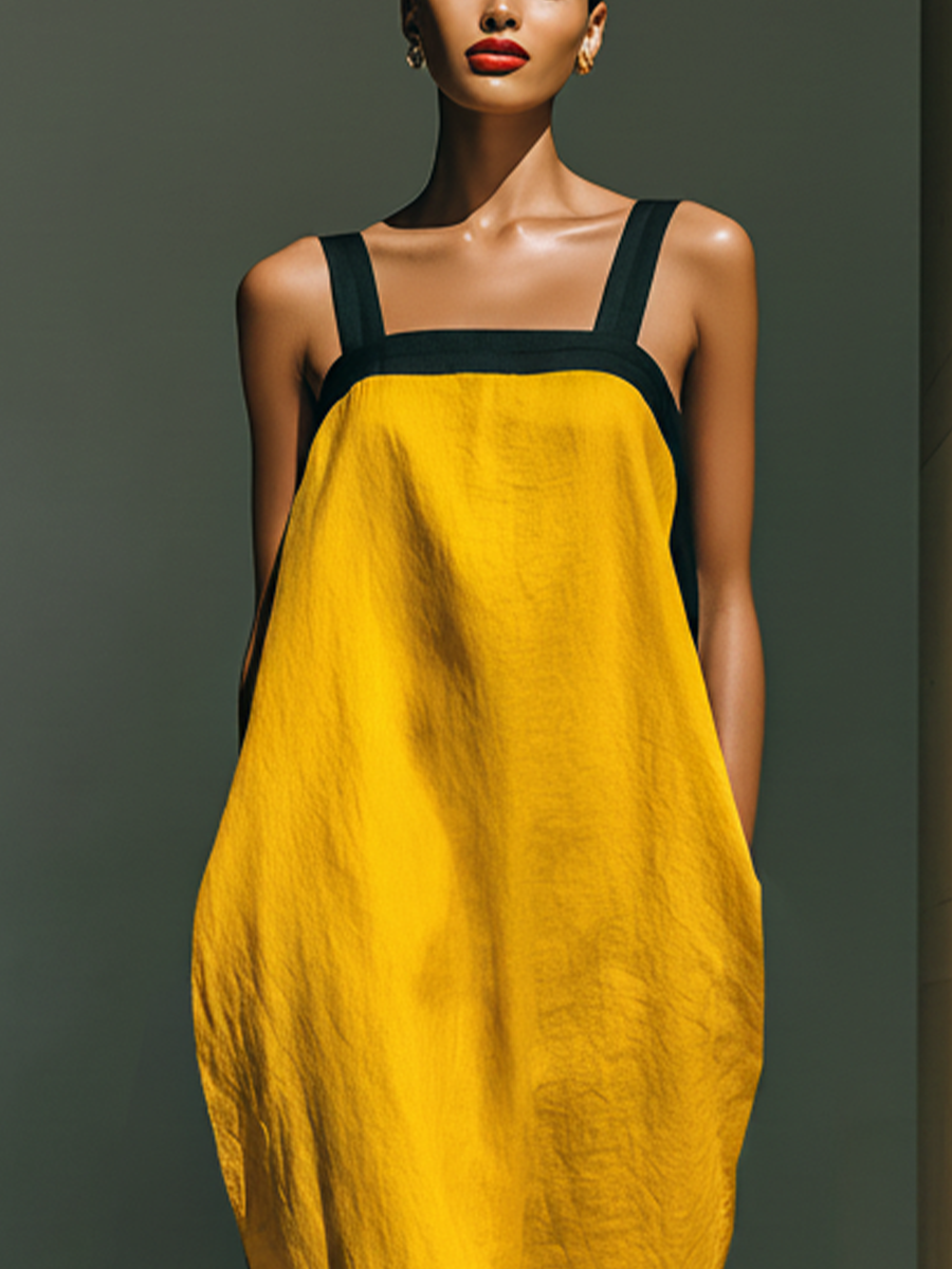 Women’s Yellow Linen-Blend Contrast Strap Tassel Hem Maxi Dress With Pockets MDZ1741D2T