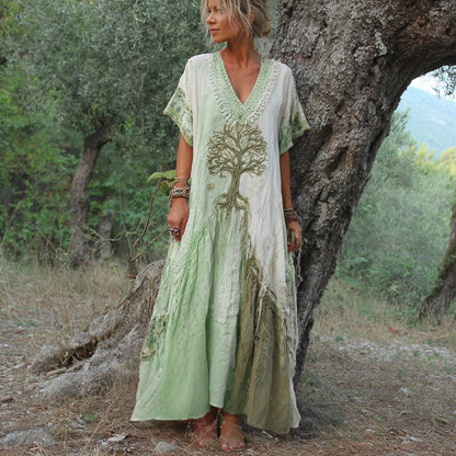 Women's Retro Tree Of Life Art Patchwork Short Sleeve Dress 8d94