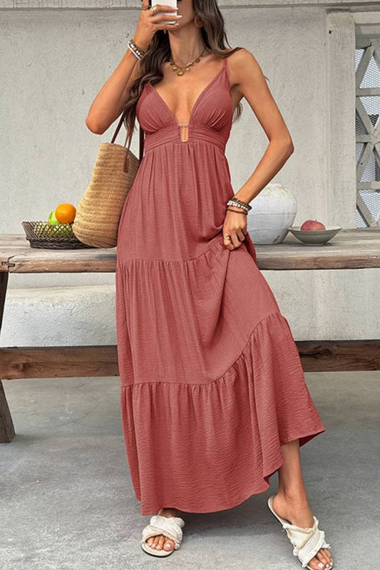 Dusty Rose V-Neck Spaghetti Strap Tiered Maxi Dress