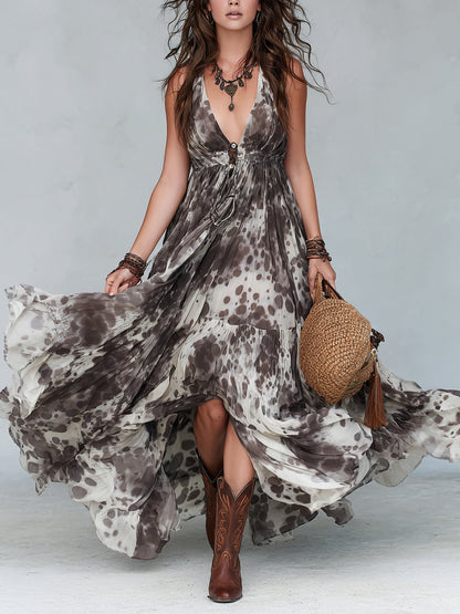 Women's Irregular Print V-Neck Dress
