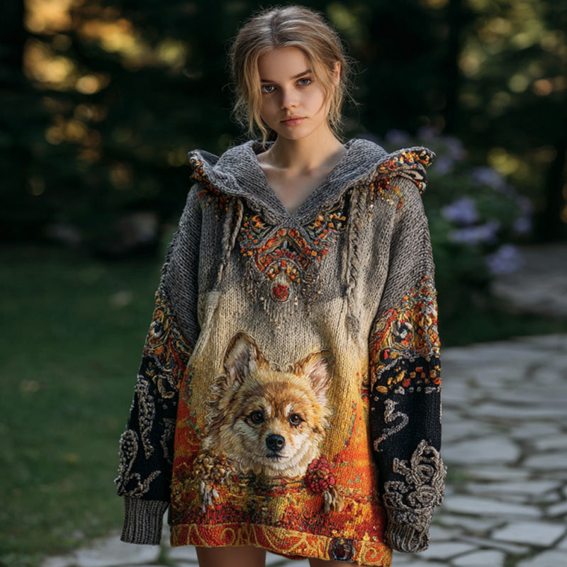 Women's Vintage Dog Embroidered Hooded Sweater