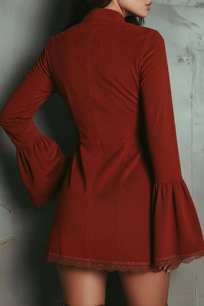 Vintage Rust Red Bell Sleeve Embroidered Faux Suede Lace Mini Dress