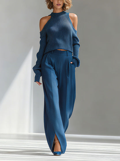 Women's Blue Elegant Ribbed Knit Cold - Shoulder Sweater And Wide - Leg Pants Set MDA1591I8I