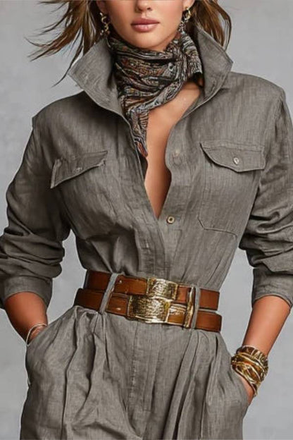 Cotton And Linen Blended Long Sleeve Shirt Jumpsuit