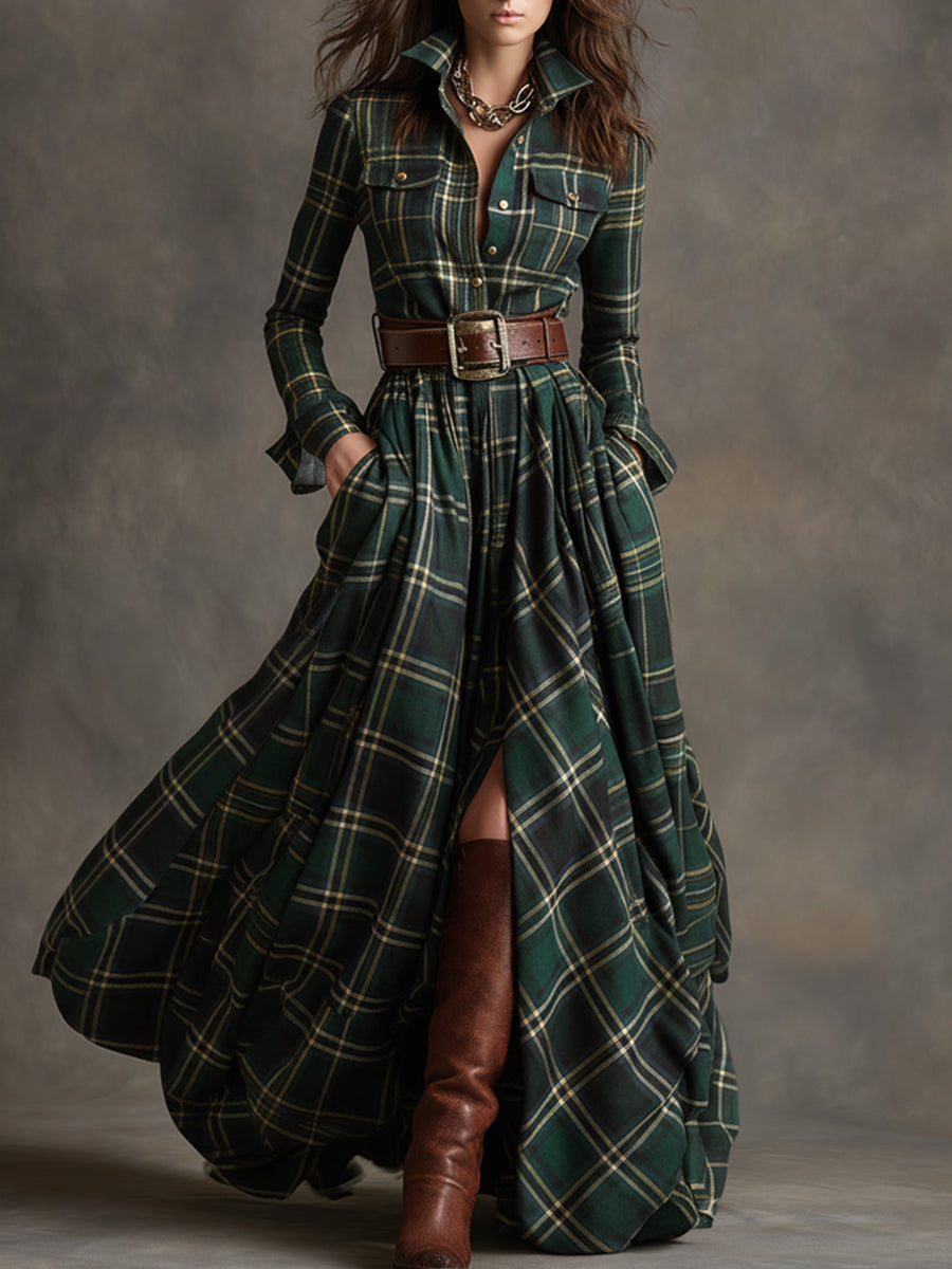Retro Ethnic Style Lapel Reddish Brown Plaid Maxi Dress